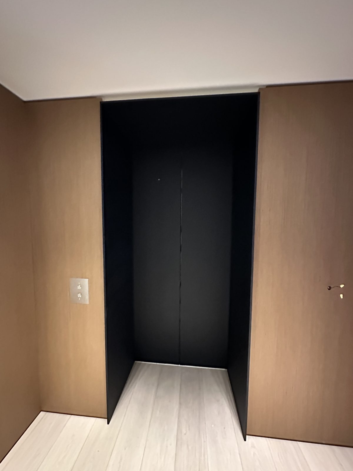 The same entrance with the reveal and both doors wrapped in a matte black film, the timber panels untouched