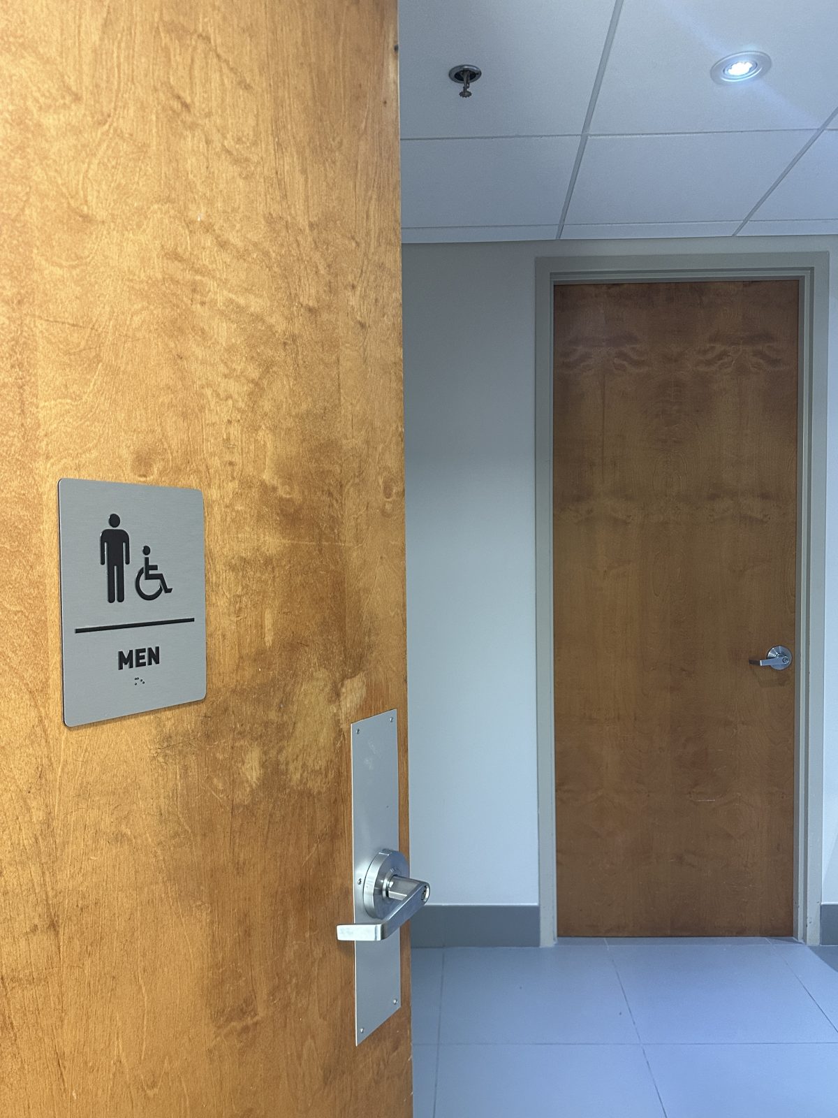 A corridor door and the door beyond, both in orange varnished birch, worn and marked around the push plate